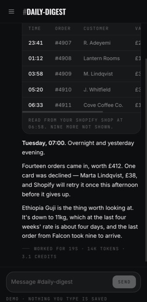 The daily digest channel on a phone, with the order table scrolling inside its own card while the page does not.